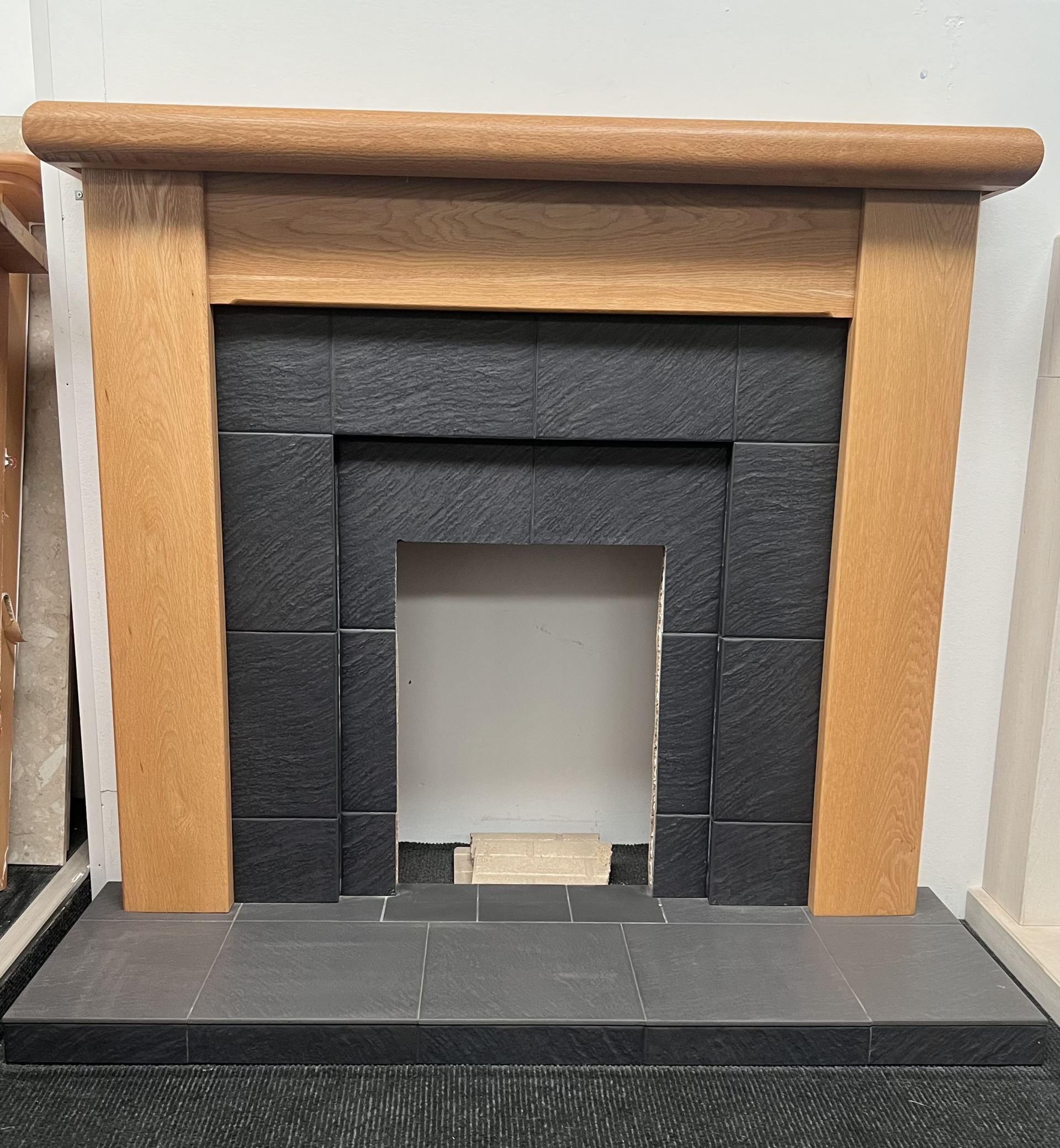 Wooden Surround 54”, Tiled hearth and panel set